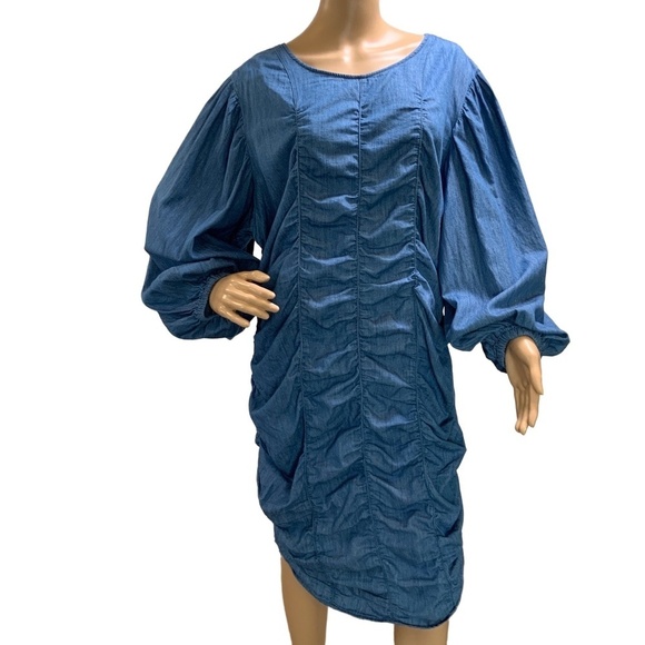 Ashley Stewart Med Blue Denim Ruched Long Puff Sleeves Dress Size 14 Mermaidcore - Picture 1 of 14